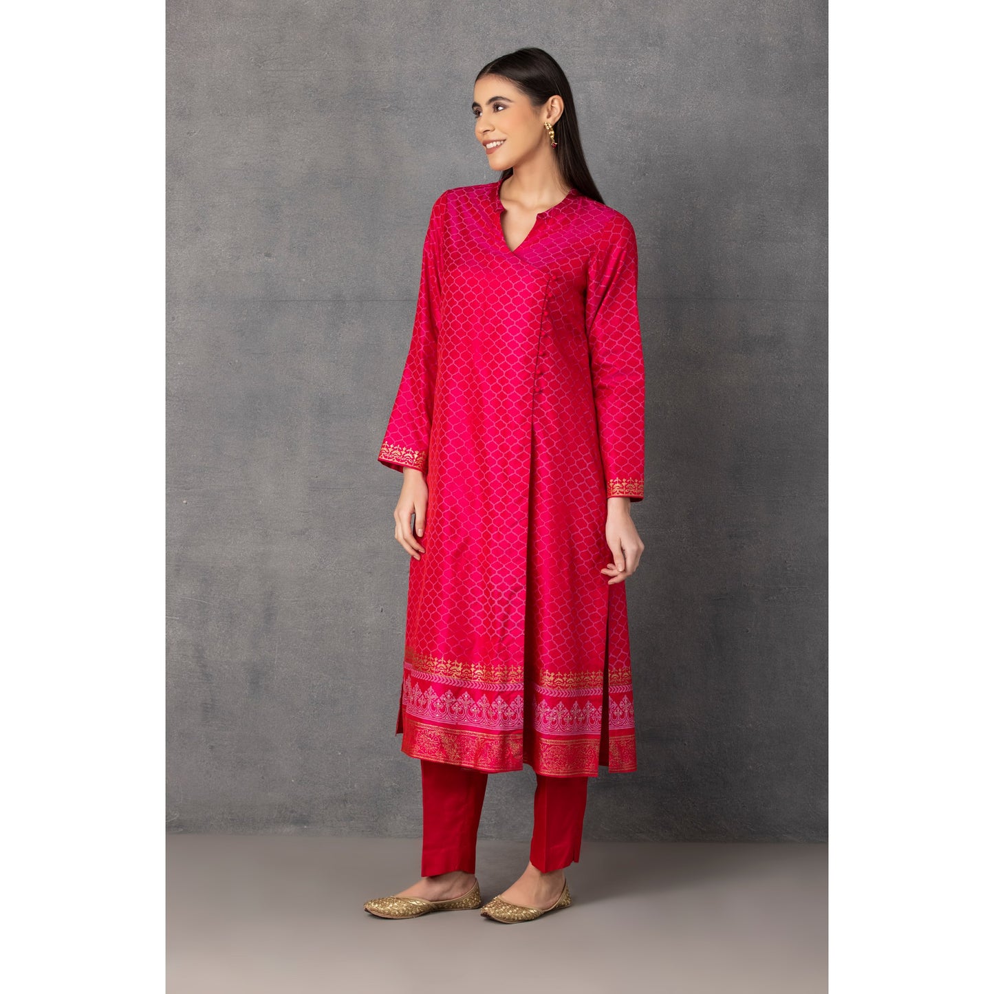 M10-14 HOT PINK GOLDEN KHADI EMBROIDERED ANGRAKHA KURTA COMES ALONG WITH PANTS AND DUPATTA