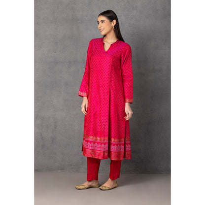M10-14 HOT PINK GOLDEN KHADI EMBROIDERED ANGRAKHA KURTA COMES ALONG WITH PANTS AND DUPATTA