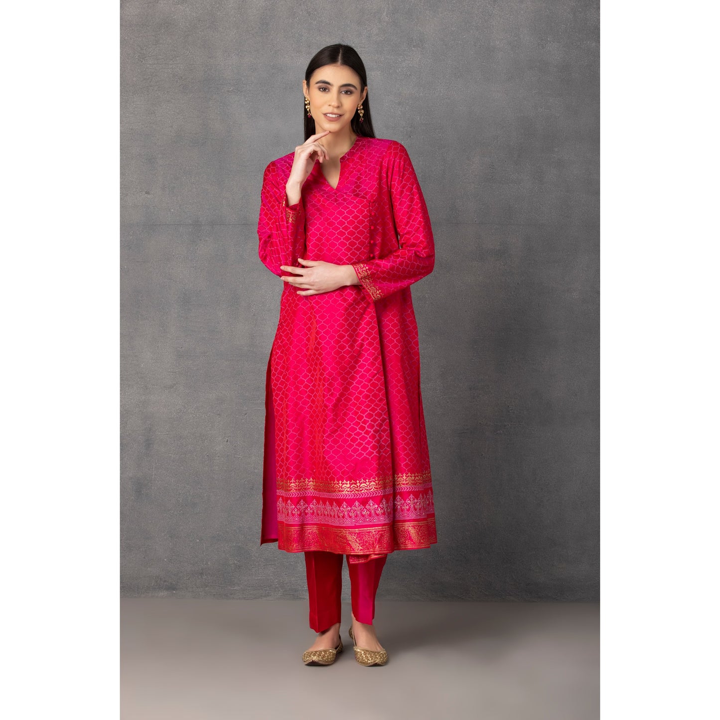 M10-14 HOT PINK GOLDEN KHADI EMBROIDERED ANGRAKHA KURTA COMES ALONG WITH PANTS AND DUPATTA