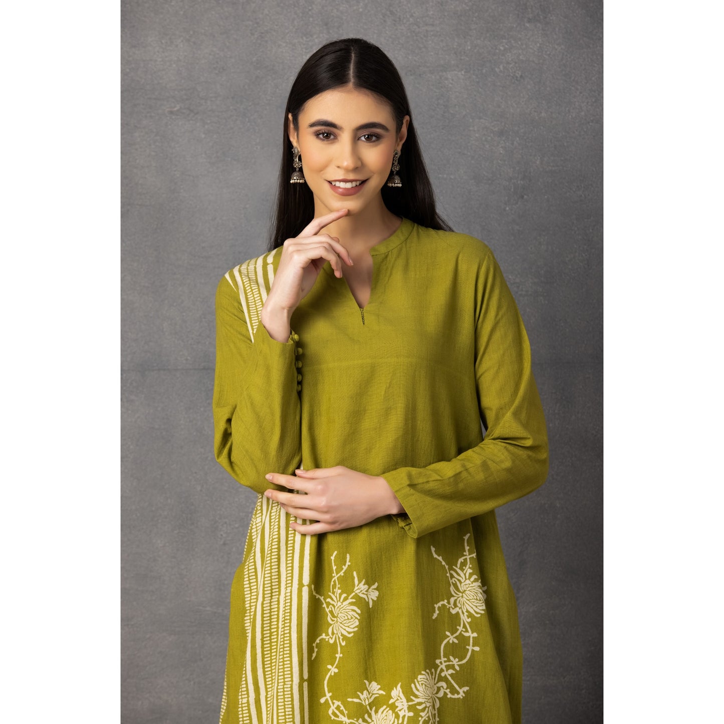 M9-02 MEHENDI GREEN SOFT KHADI PRINTED KURTA SET