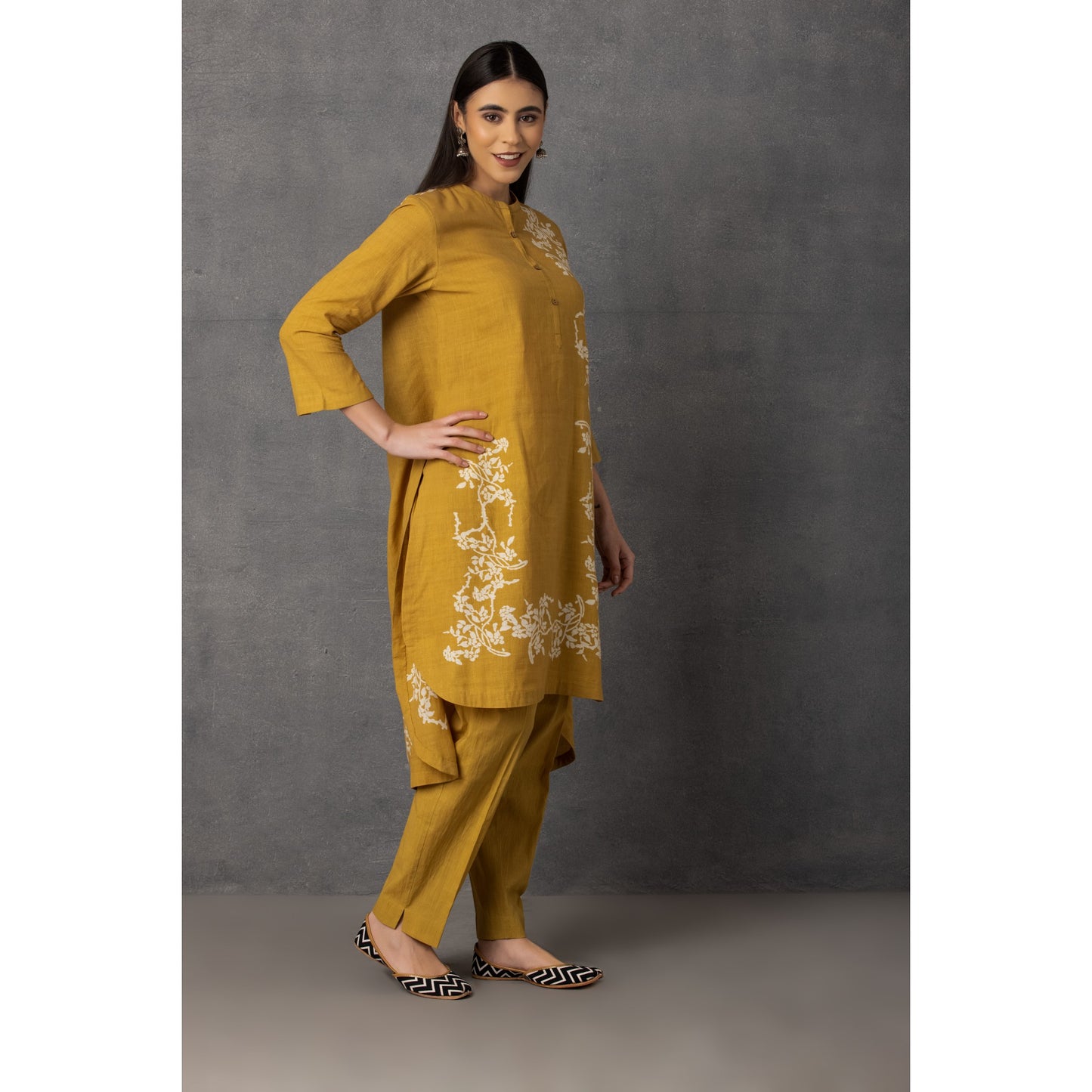 M9-08 YELLOW SOFT KHADI PRINTED ASYMMETRICAL TUNIC SET