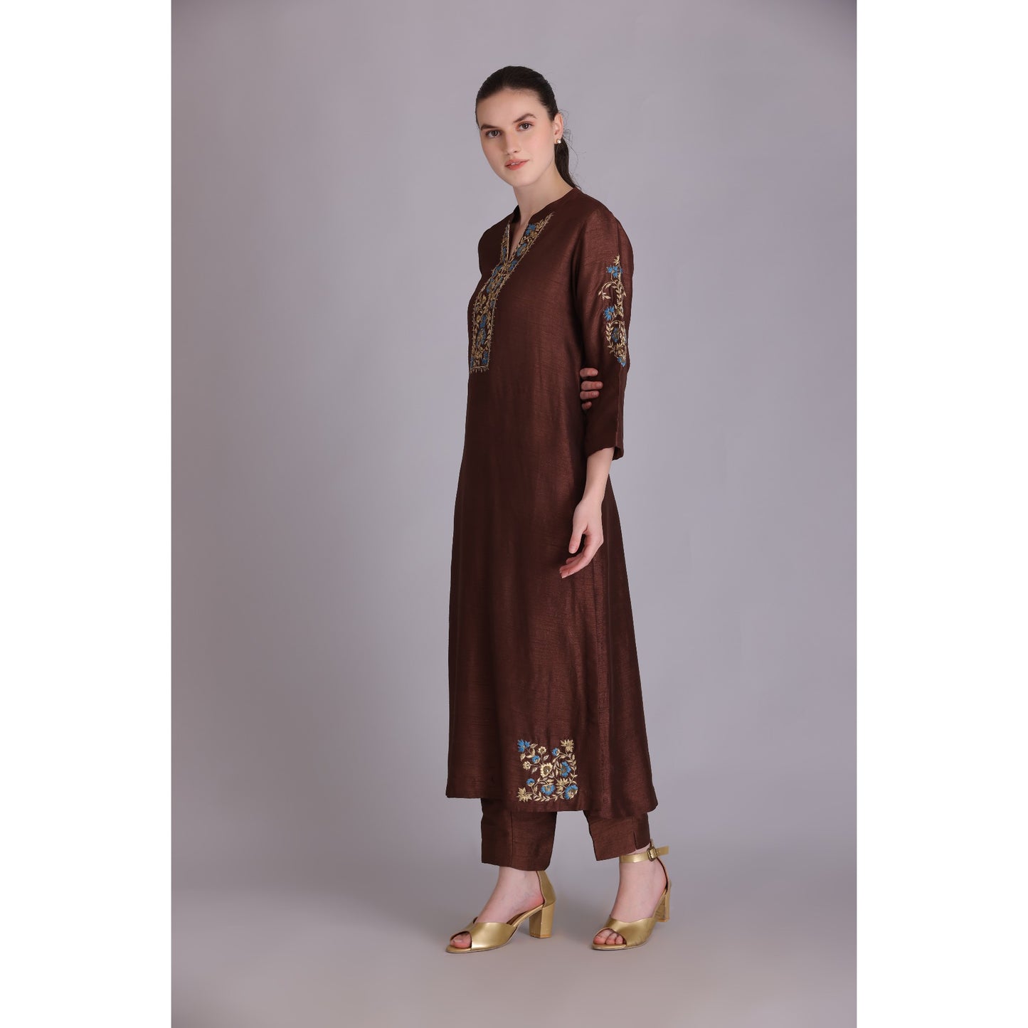 M3-14 BROWN EMBROIDERED KURTA SET