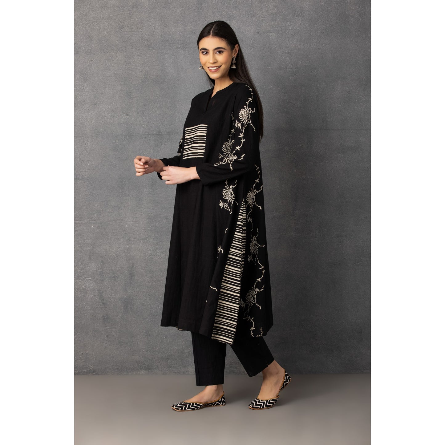M9-14 BLACK SOFT KHADI PRINTED A-LINE SET
