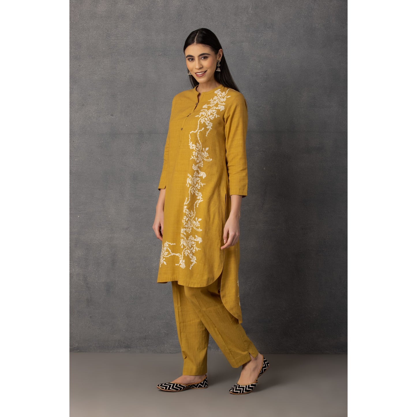 M9-08 YELLOW SOFT KHADI PRINTED ASYMMETRICAL TUNIC SET