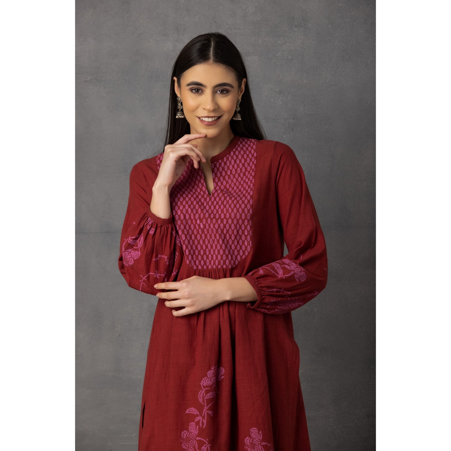 M9-04 MAHROON SOFT KHADI PRINTED A-LINE KURTA SET