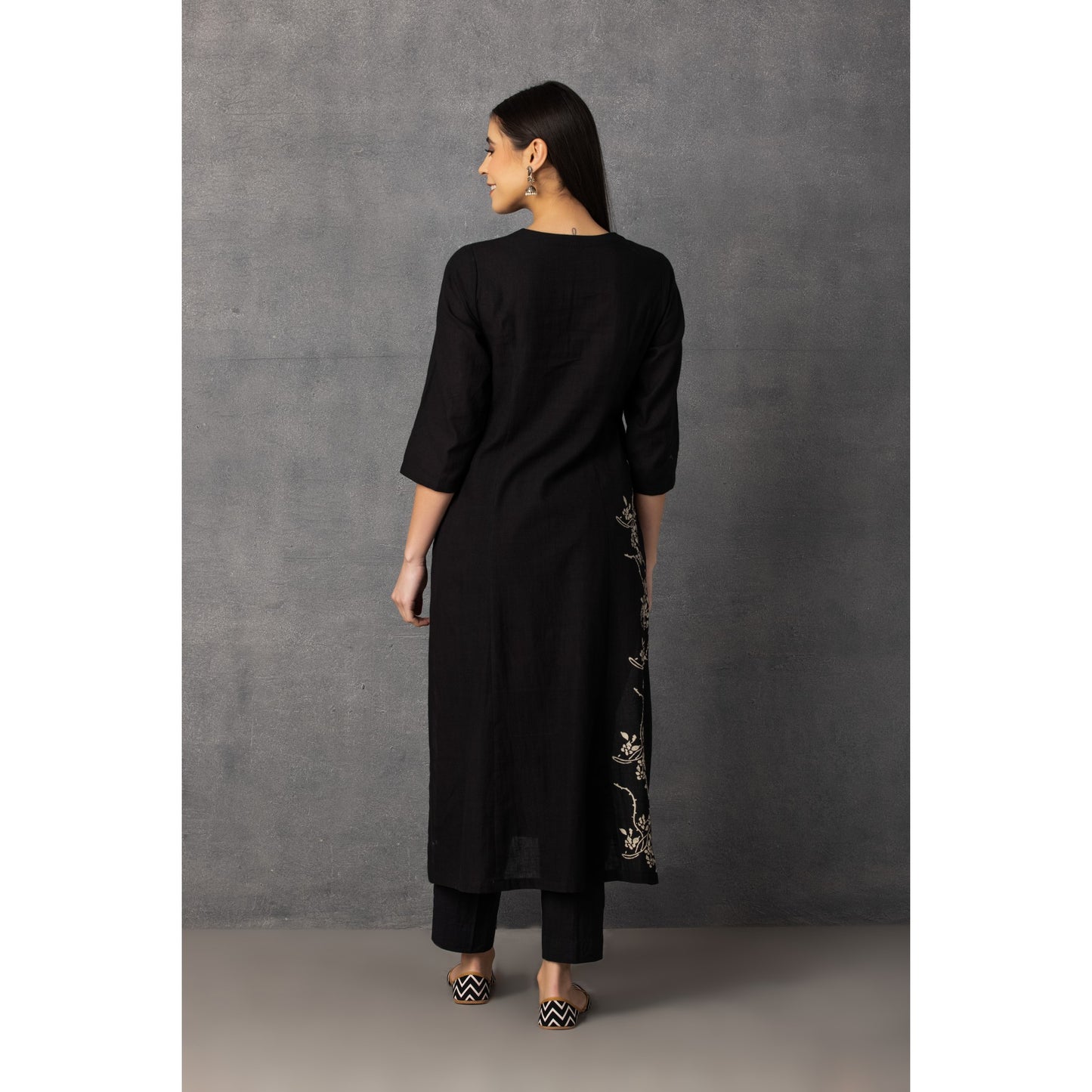 M9-13 BLACK SOFT KHADI PRINTED A-LINE KURTA SET