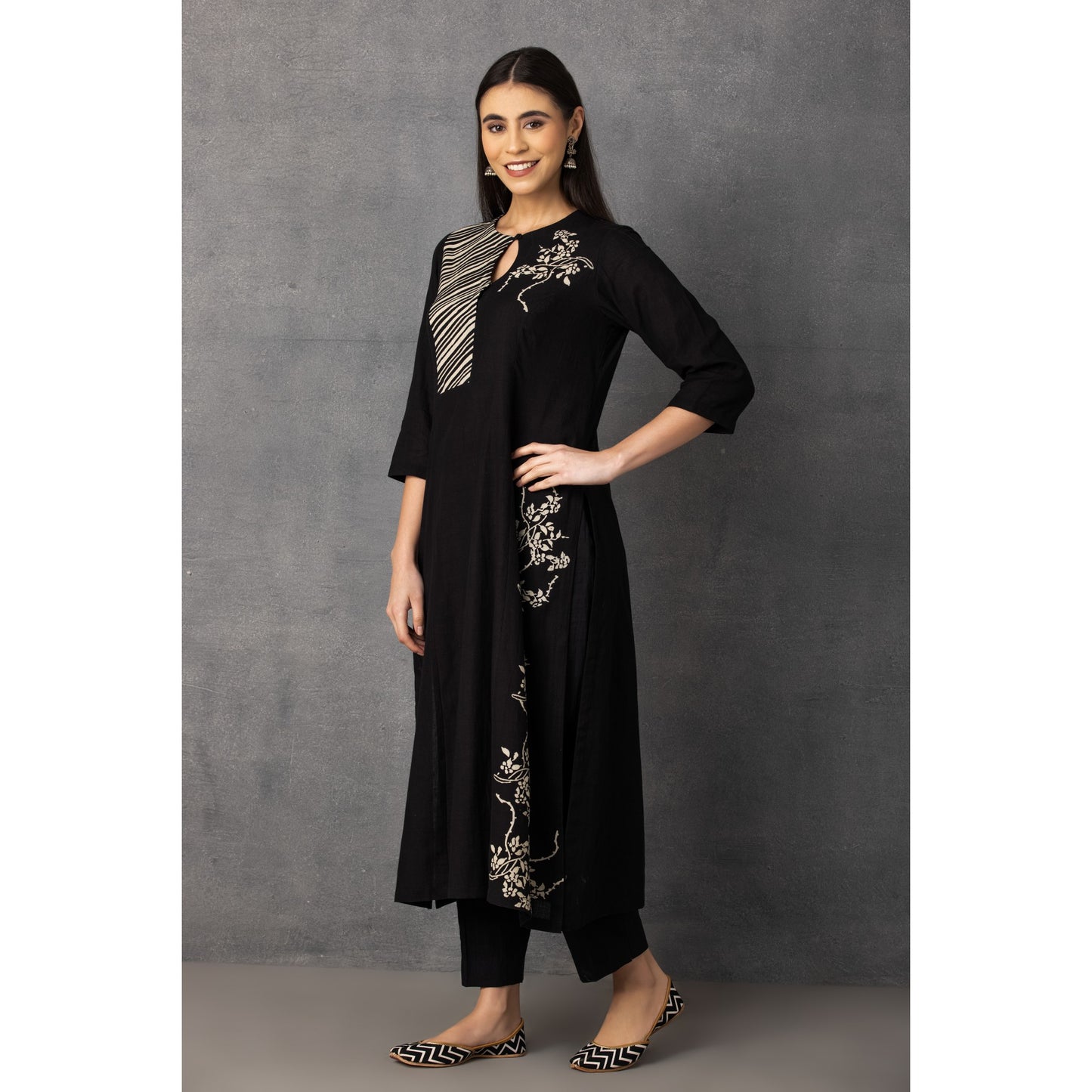 M9-13 BLACK SOFT KHADI PRINTED A-LINE KURTA SET