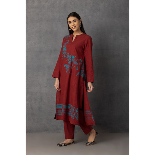 M9-12 MAHROON SOFT KHADI PRINTED A-LINE KURTA SET