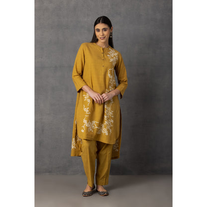 M9-08 YELLOW SOFT KHADI PRINTED ASYMMETRICAL TUNIC SET