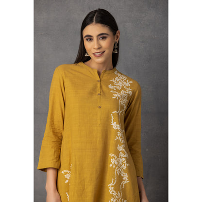 M9-08 YELLOW SOFT KHADI PRINTED ASYMMETRICAL TUNIC SET
