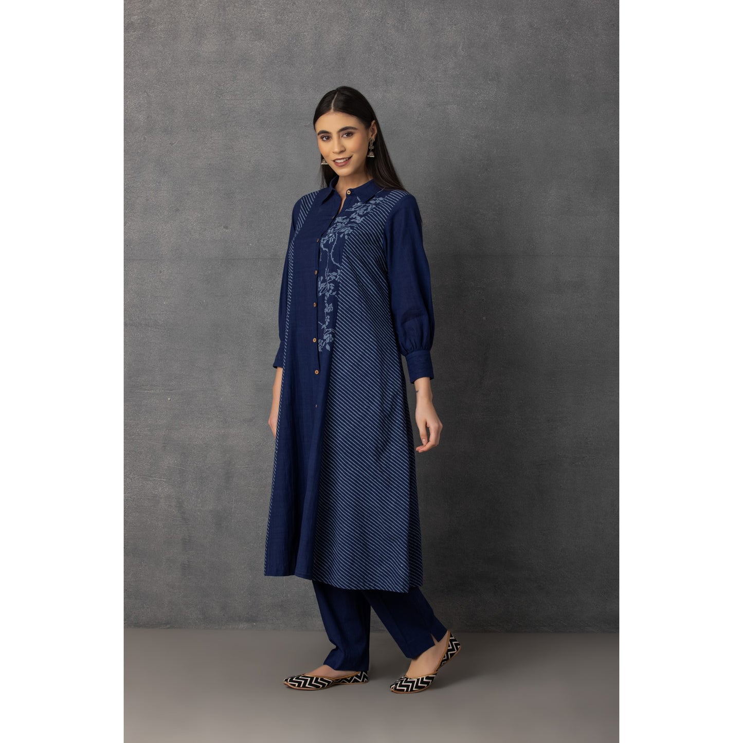 M9-05 INDIGO SOFT KHADI PRINTED SHIRT-DRESS SET