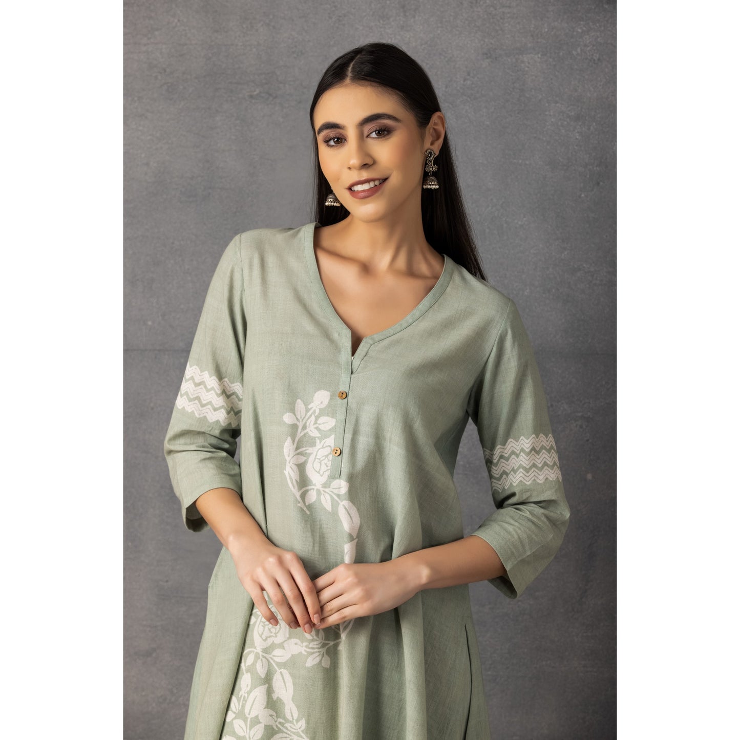 M9-10 AQUA SOFT KHADI PRINTED ASYMMETRICAL TUNIC SET