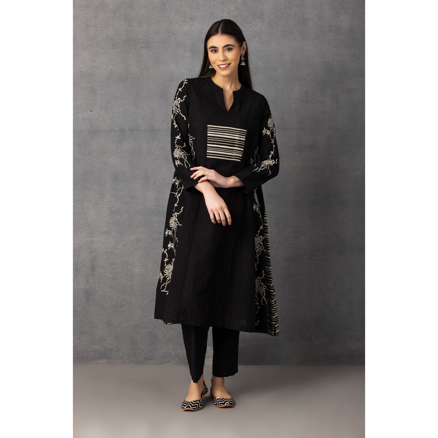 M9-14 BLACK SOFT KHADI PRINTED A-LINE SET