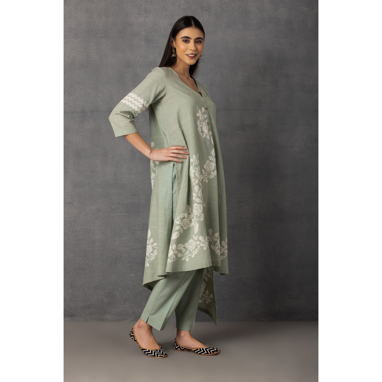 M9-10 AQUA SOFT KHADI PRINTED ASYMMETRICAL TUNIC SET