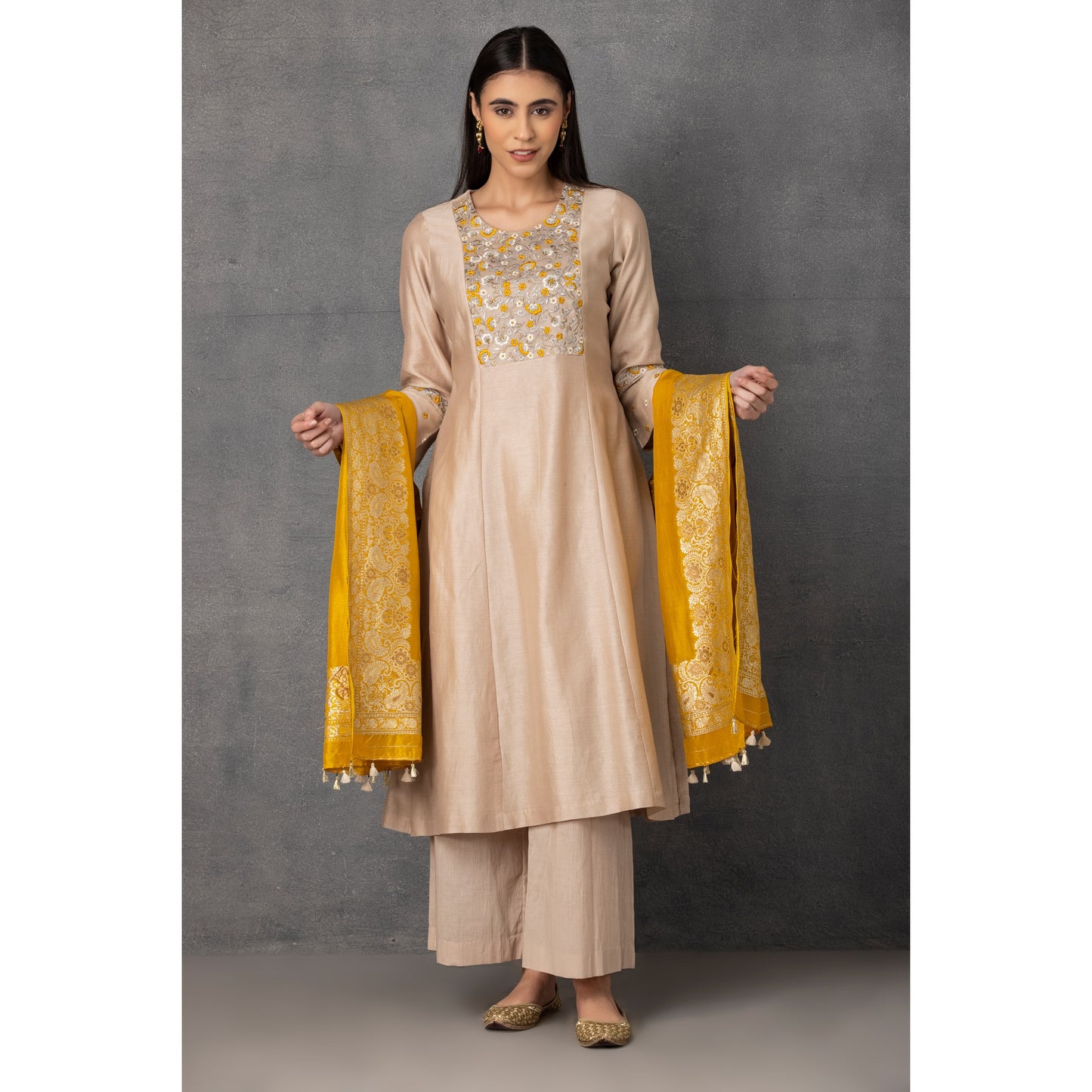 M7-01 BEIGE PARSI EMBROIDERED KURTA SET