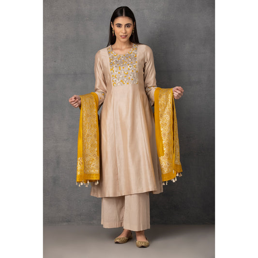 M7-01 BEIGE PARSI EMBROIDERED KURTA SET