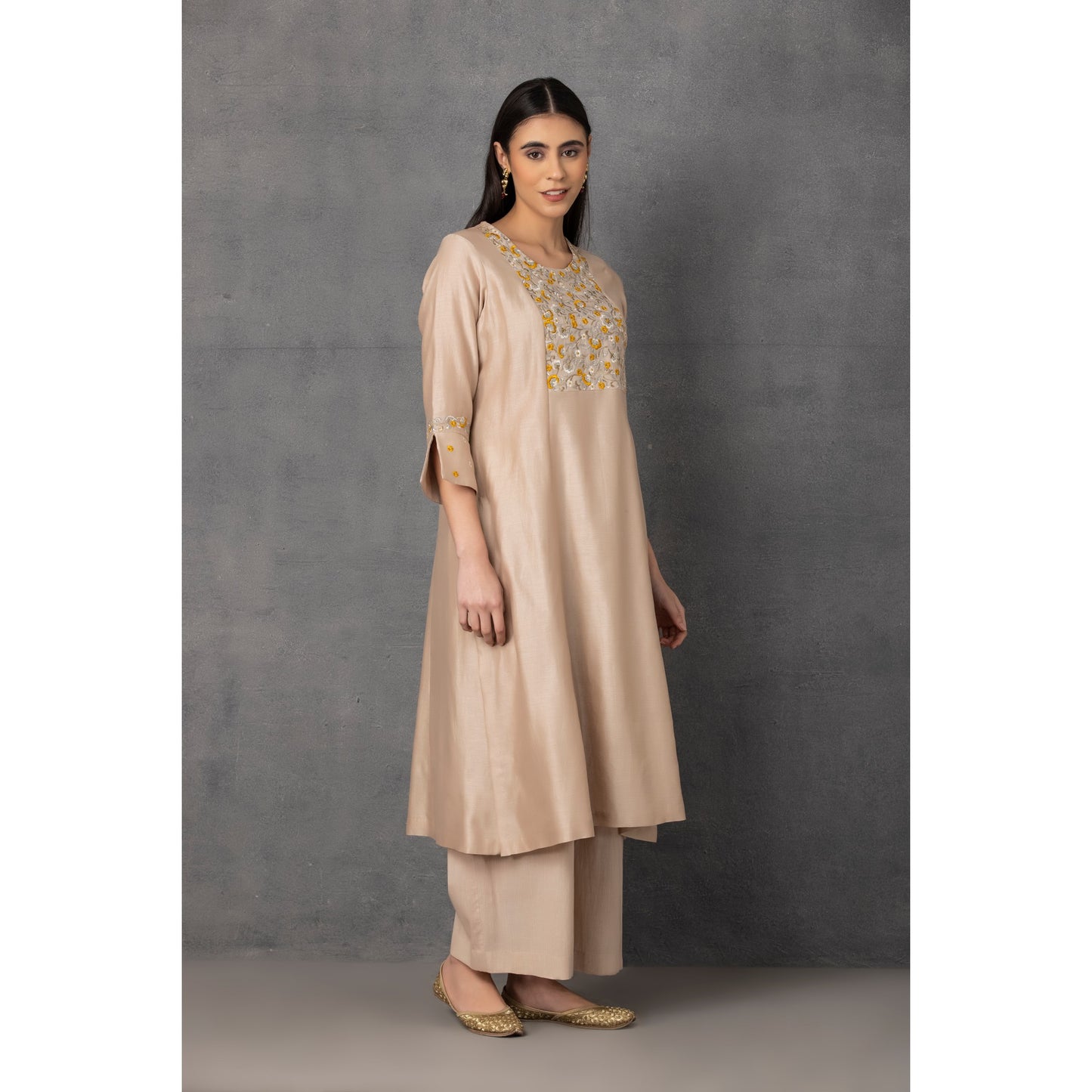 M7-01 BEIGE PARSI EMBROIDERED KURTA SET