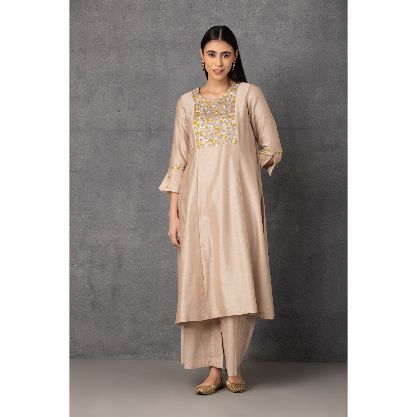 M7-01 BEIGE PARSI EMBROIDERED KURTA SET