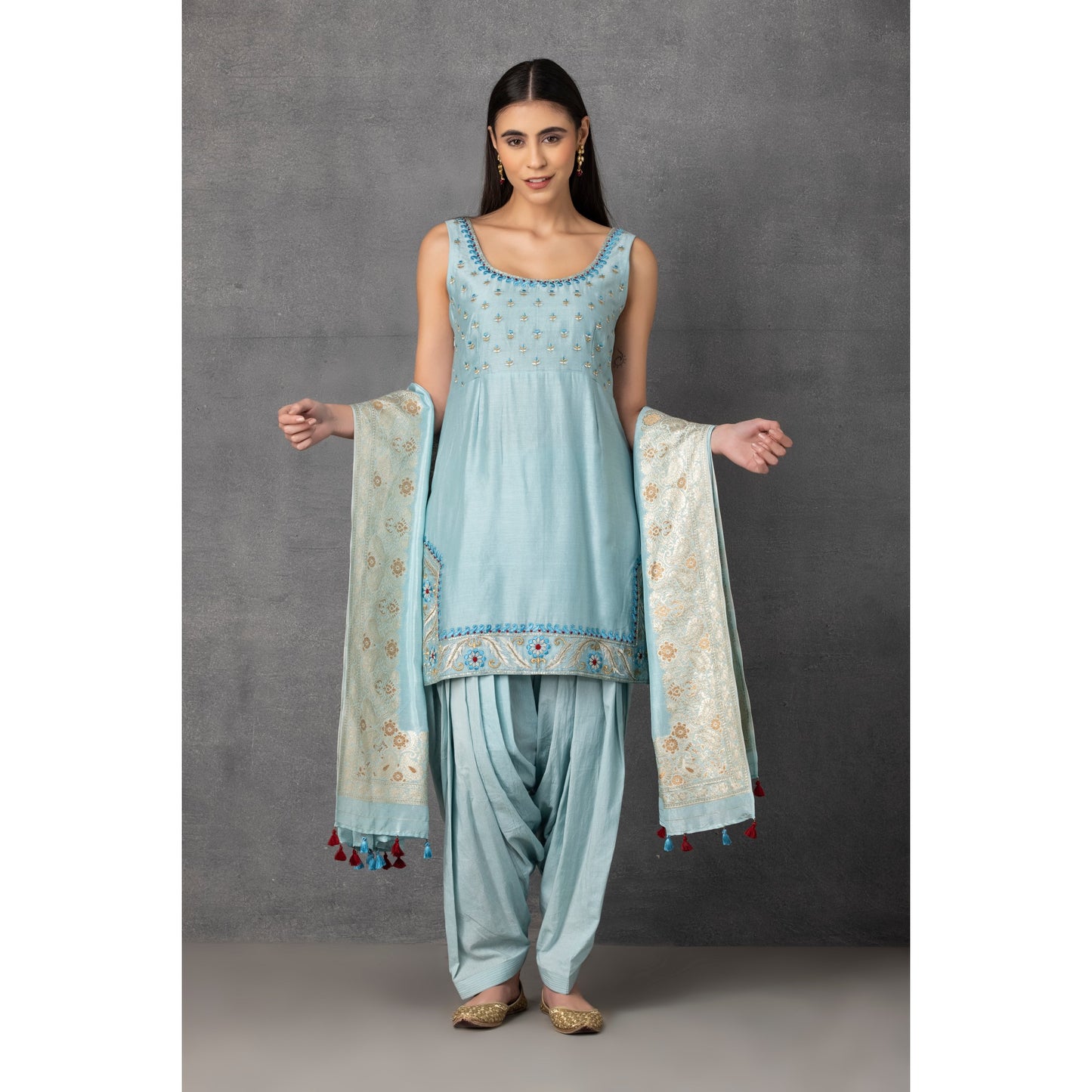 M7-14 SKY BLUE EMBROIDERED KURTA WITH PATIALA SALWAR SET