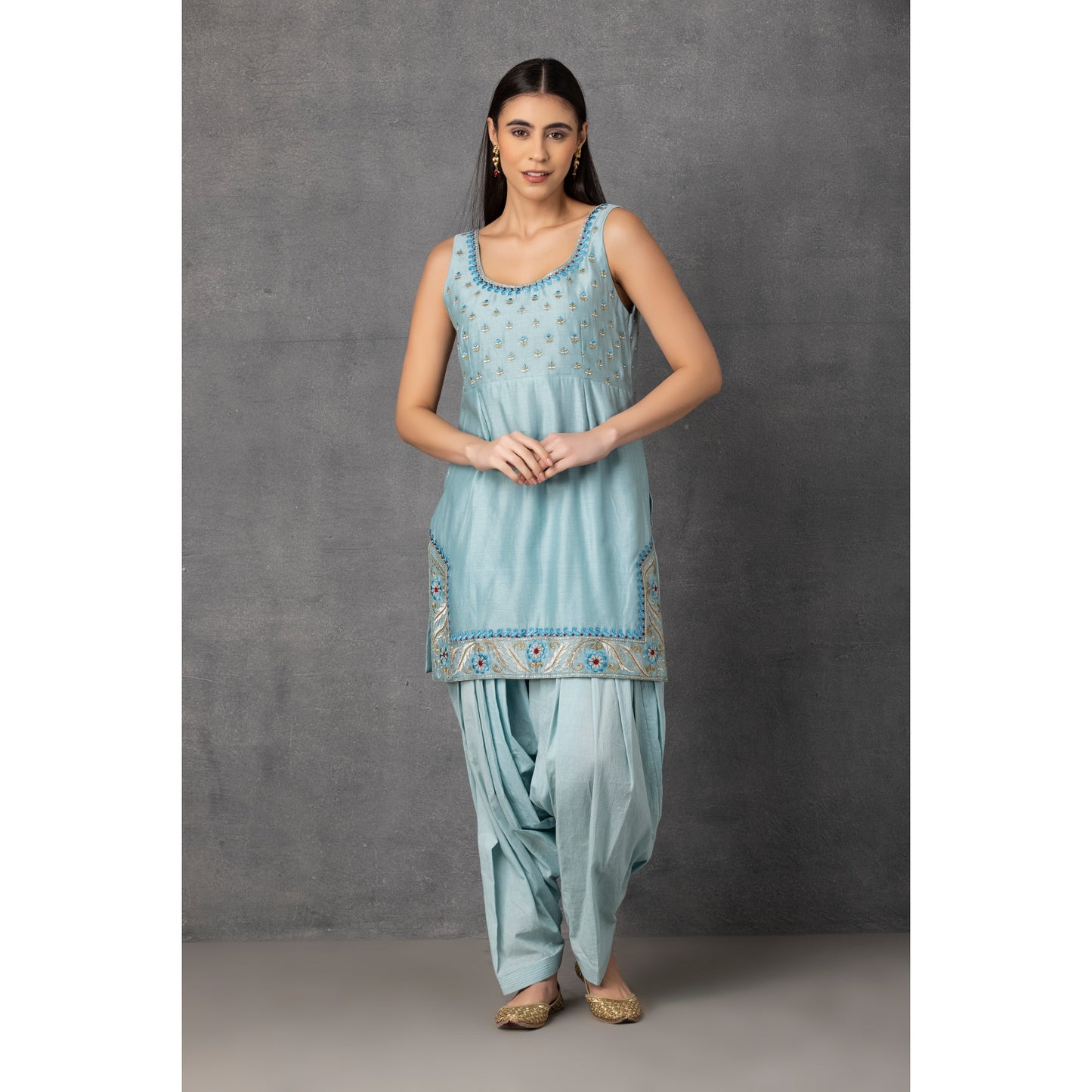 M7-14 SKY BLUE EMBROIDERED KURTA WITH PATIALA SALWAR SET
