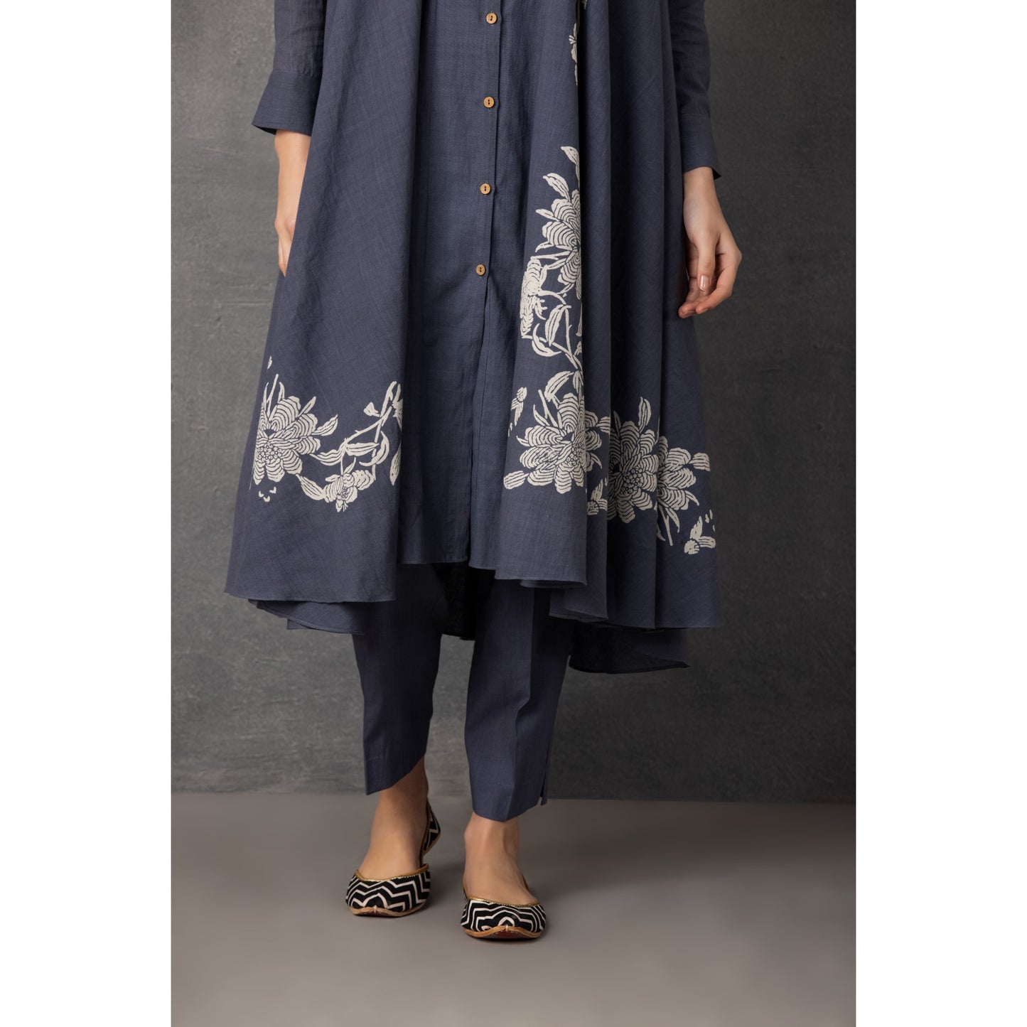 M9-09 GRAY SOFT KHADI PRINTED ASYMMETRICAL TUNIC SET