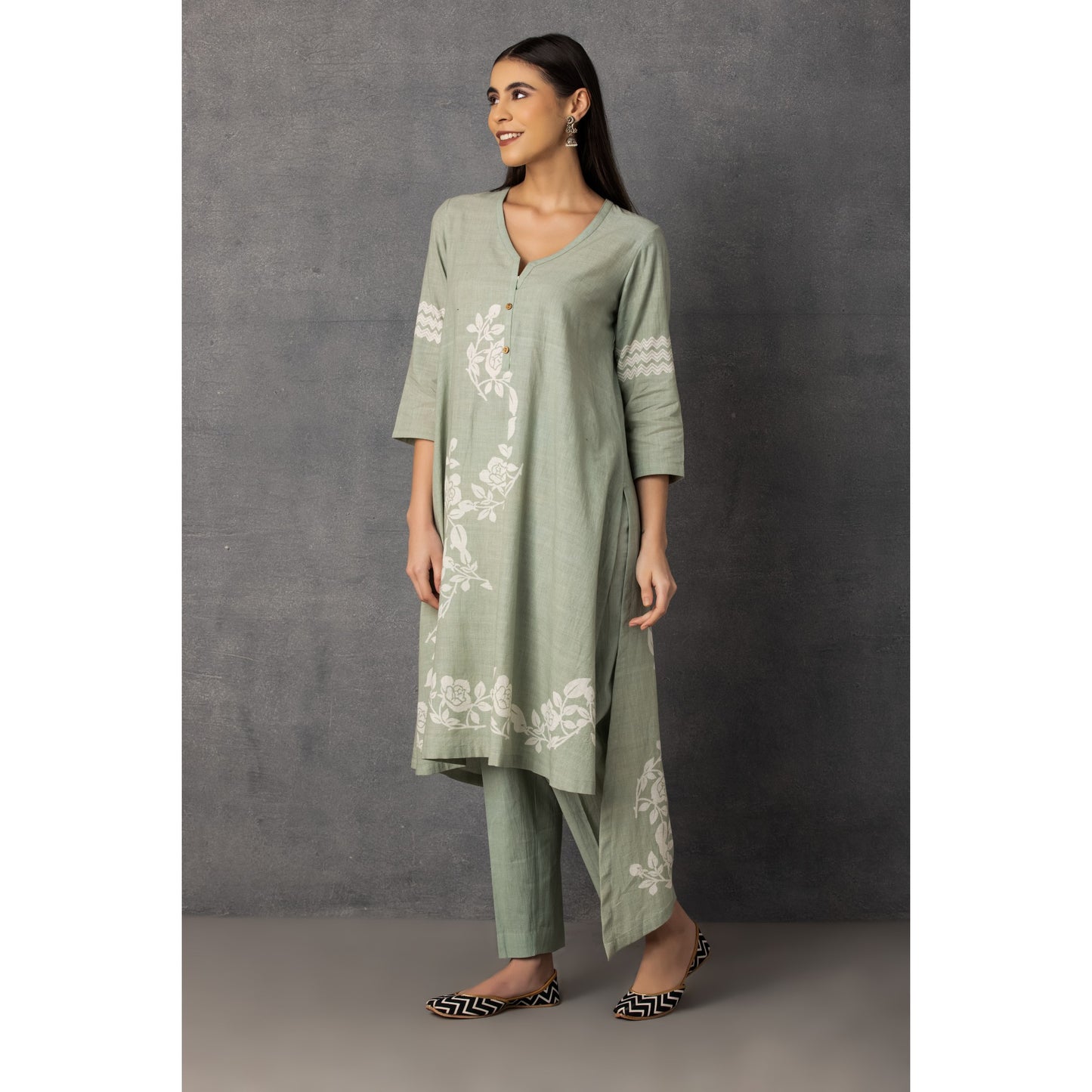 M9-10 AQUA SOFT KHADI PRINTED ASYMMETRICAL TUNIC SET
