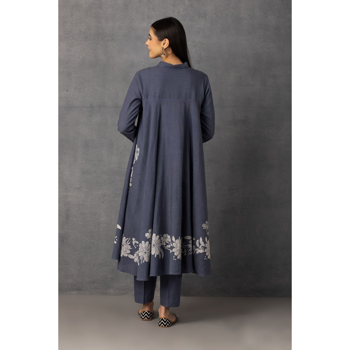 M9-09 GRAY SOFT KHADI PRINTED ASYMMETRICAL TUNIC SET