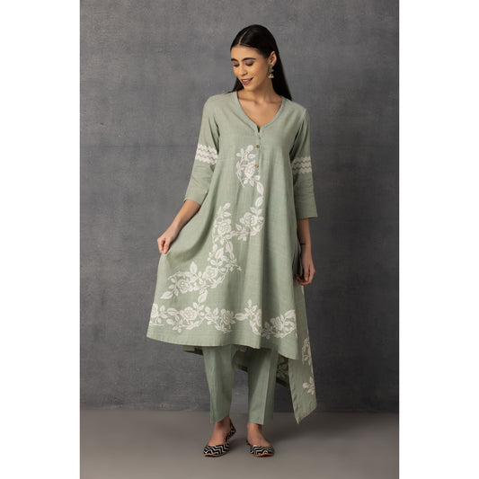 M9-10 AQUA SOFT KHADI PRINTED ASYMMETRICAL TUNIC SET
