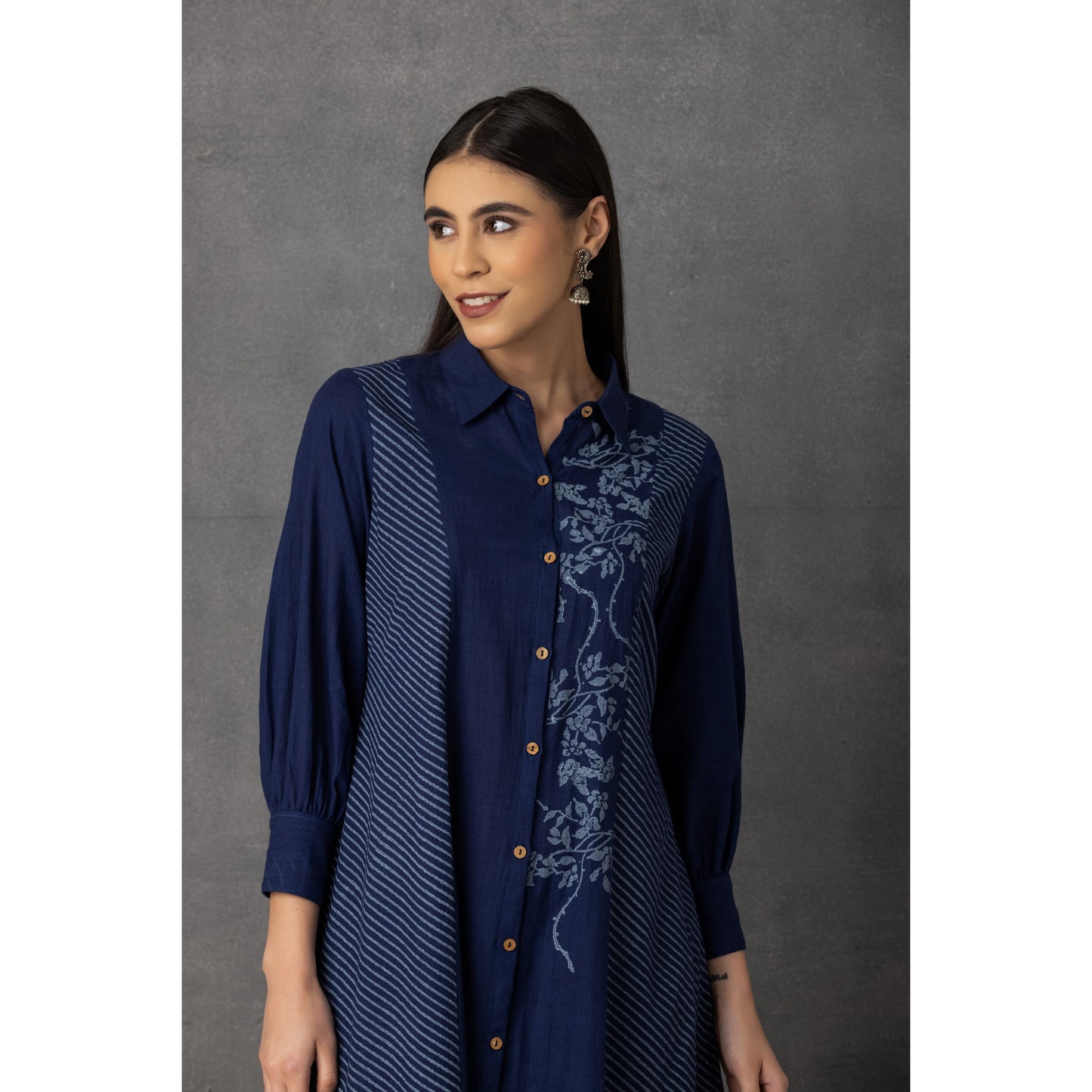 M9-05 INDIGO SOFT KHADI PRINTED SHIRT-DRESS SET